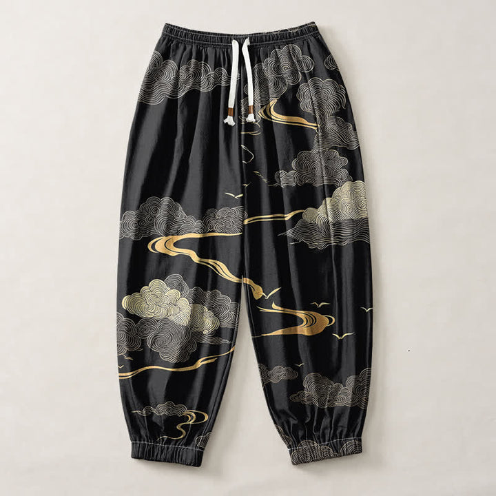 Buddha Stones Pantaloni harem da uomo in puro cotone con motivo nuvole dorate e coulisse, con tasche. - image 1