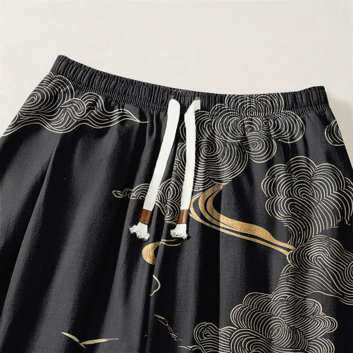 Buddha Stones Pantaloni harem da uomo in puro cotone con motivo nuvole dorate e coulisse, con tasche. - image 3