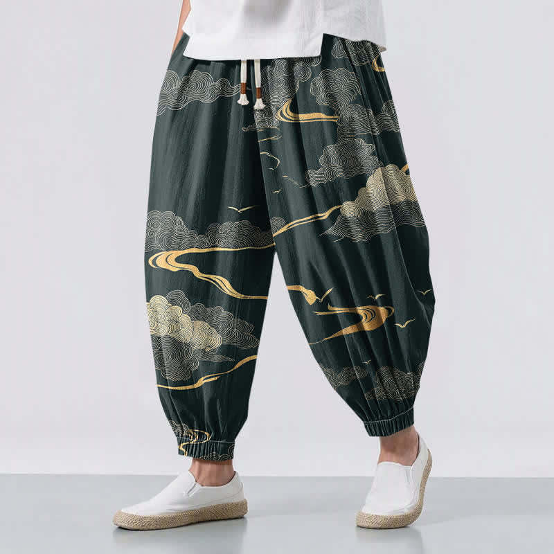 Buddha Stones Pantaloni harem da uomo in puro cotone con motivo nuvole dorate e coulisse, con tasche. - Verde scuro - US/UK/AU50, EU60 (5XL) - image 6