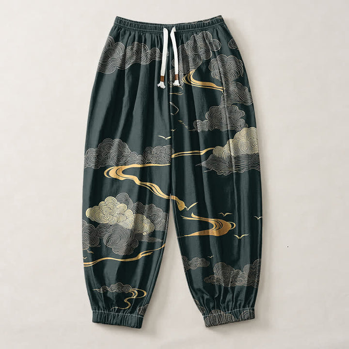 Buddha Stones Pantaloni harem da uomo in puro cotone con motivo nuvole dorate e coulisse, con tasche. - image 7