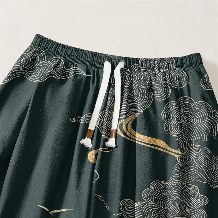 Buddha Stones Pantaloni harem da uomo in puro cotone con motivo nuvole dorate e coulisse, con tasche. - image 9