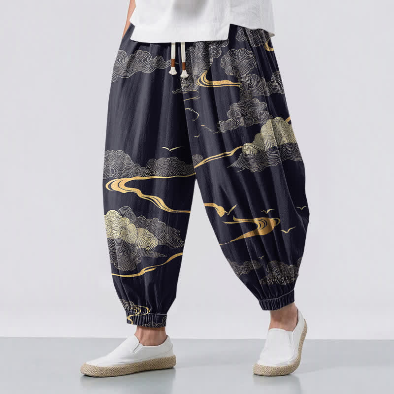 Buddha Stones Pantaloni harem da uomo in puro cotone con motivo nuvole dorate e coulisse, con tasche. - Marina - US/UK/AU50, EU60 (5XL) - image 12