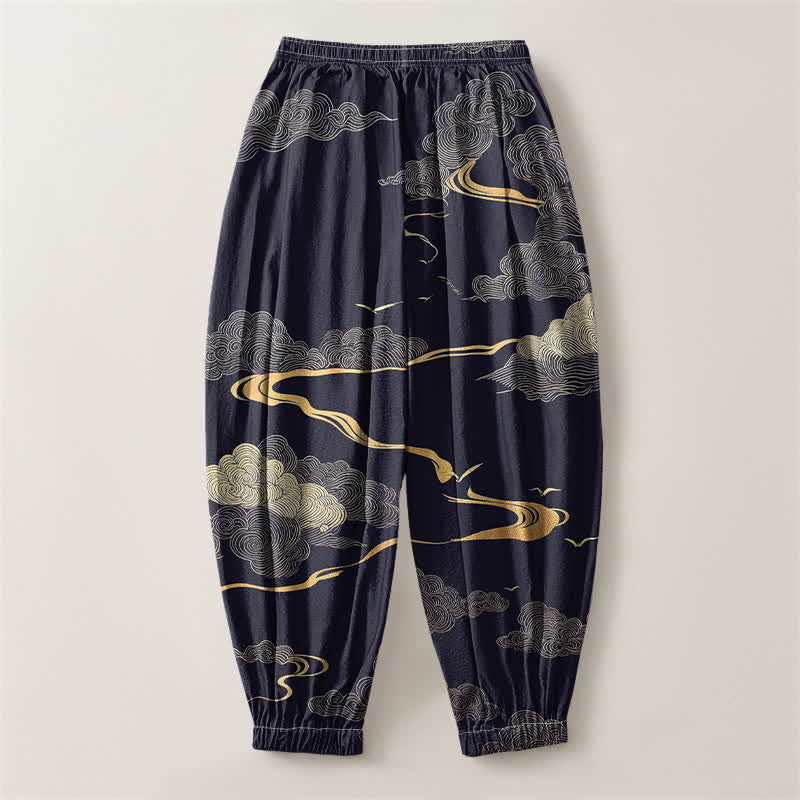 Buddha Stones Pantaloni harem da uomo in puro cotone con motivo nuvole dorate e coulisse, con tasche. - image 14