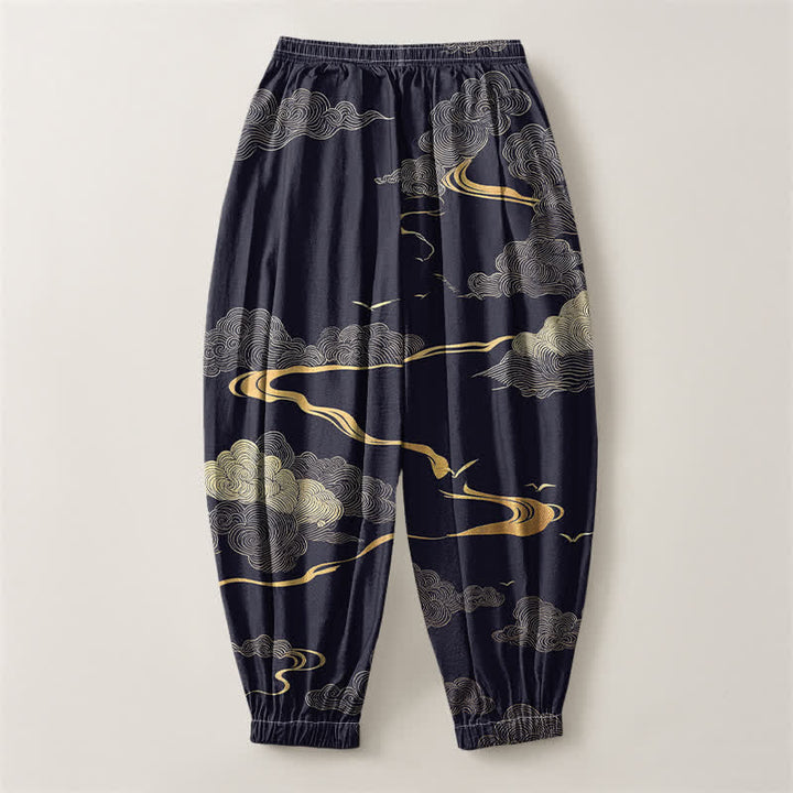 Buddha Stones Pantaloni harem da uomo in puro cotone con motivo nuvole dorate e coulisse, con tasche. - image 14