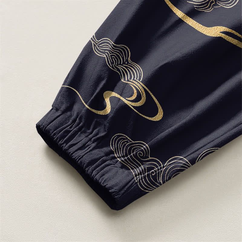 Buddha Stones Pantaloni harem da uomo in puro cotone con motivo nuvole dorate e coulisse, con tasche. - image 16