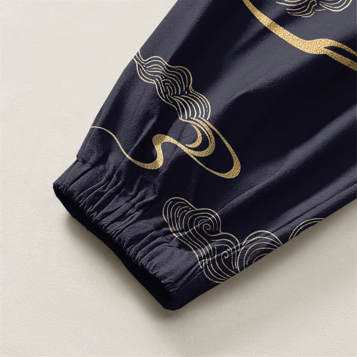 Buddha Stones Pantaloni harem da uomo in puro cotone con motivo nuvole dorate e coulisse, con tasche. - image 16