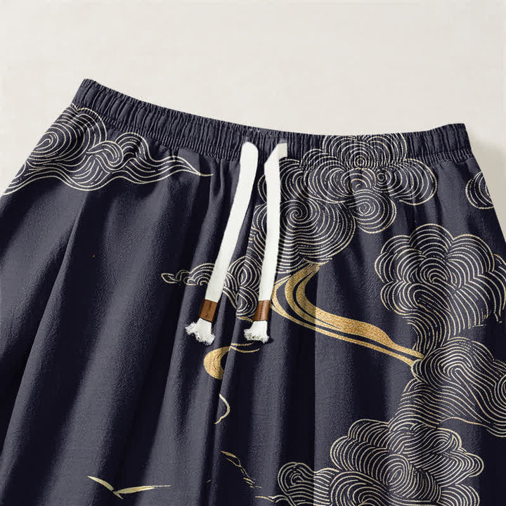 Buddha Stones Pantaloni harem da uomo in puro cotone con motivo nuvole dorate e coulisse, con tasche. - image 15