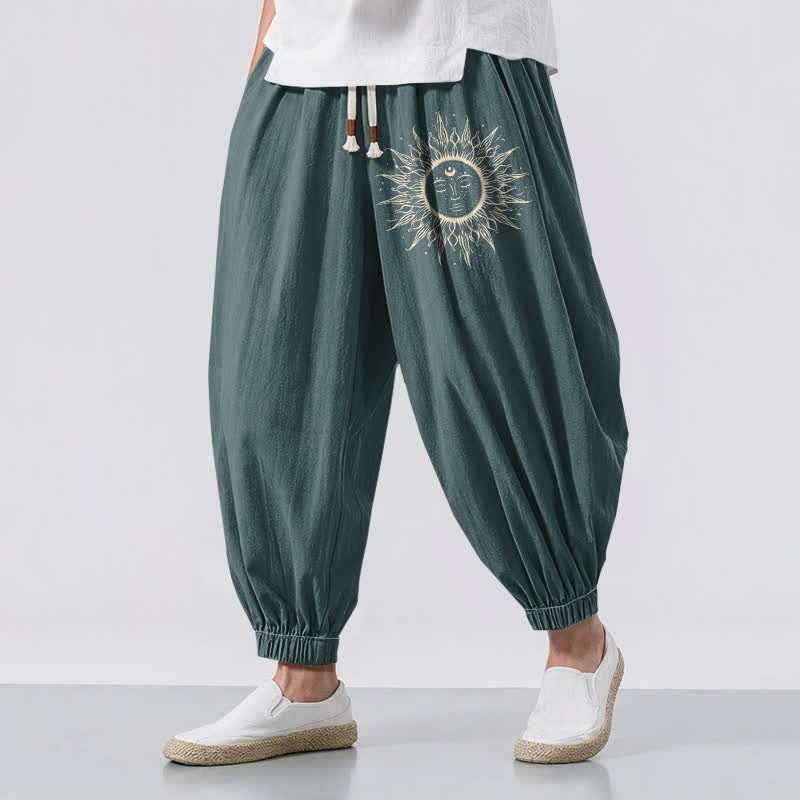 Buddha Stones Pantaloni harem da uomo in puro cotone con coulisse e tasche, fantasia a raggiera. - Verde acqua - US/UK/AU50, EU60 (5XL) - image 12