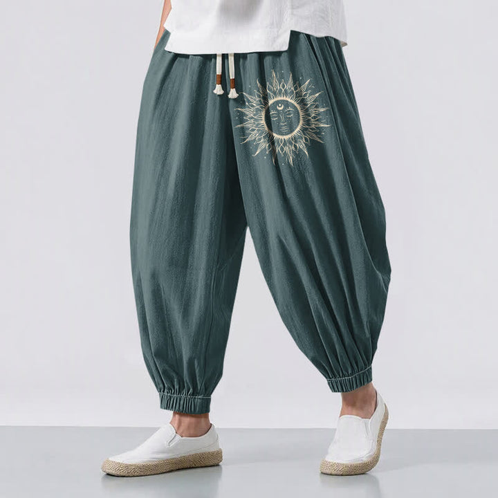 Buddha Stones Pantaloni harem da uomo in puro cotone con coulisse e tasche, fantasia a raggiera. - Verde acqua - US/UK/AU50, EU60 (5XL) - image 12