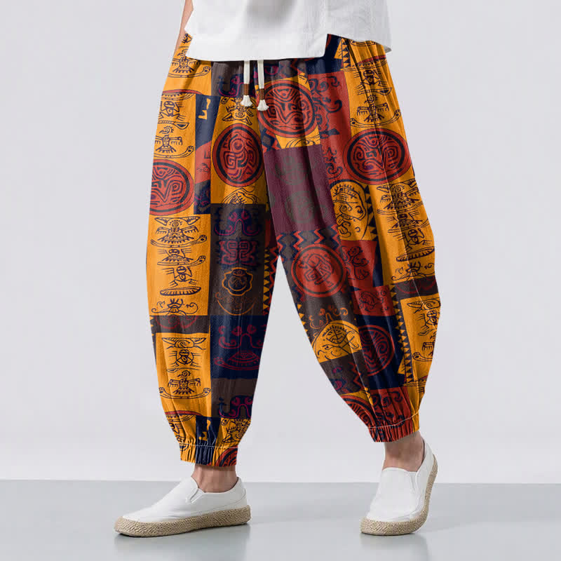 Buddha Stones Pantaloni harem da uomo in puro cotone con coulisse e tasche, decorati con motivo patchwork a medaglioni tribali. - Verga d'oro - US/UK/AU50, EU60 (5XL) - image 0