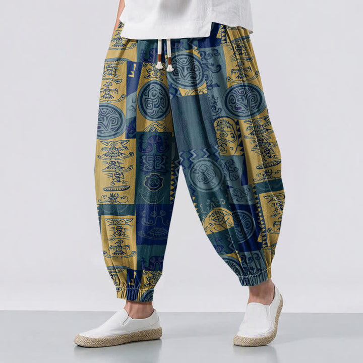 Buddha Stones Pantaloni harem da uomo in puro cotone con coulisse e tasche, decorati con motivo patchwork a medaglioni tribali. - SteelBlue - US/UK/AU50, EU60 (5XL) - image 6