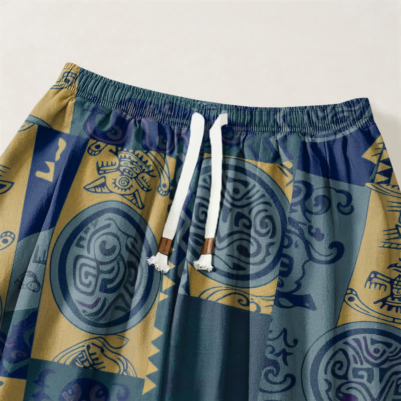 Buddha Stones Pantaloni harem da uomo in puro cotone con coulisse e tasche, decorati con motivo patchwork a medaglioni tribali. - image 9