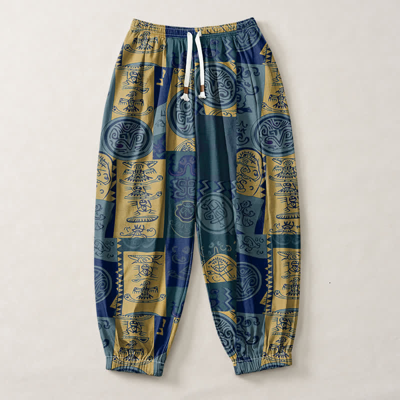 Buddha Stones Pantaloni harem da uomo in puro cotone con coulisse e tasche, decorati con motivo patchwork a medaglioni tribali. - image 7
