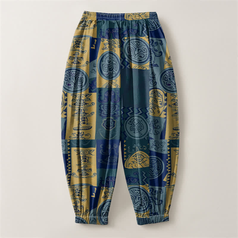 Buddha Stones Pantaloni harem da uomo in puro cotone con coulisse e tasche, decorati con motivo patchwork a medaglioni tribali. - image 8