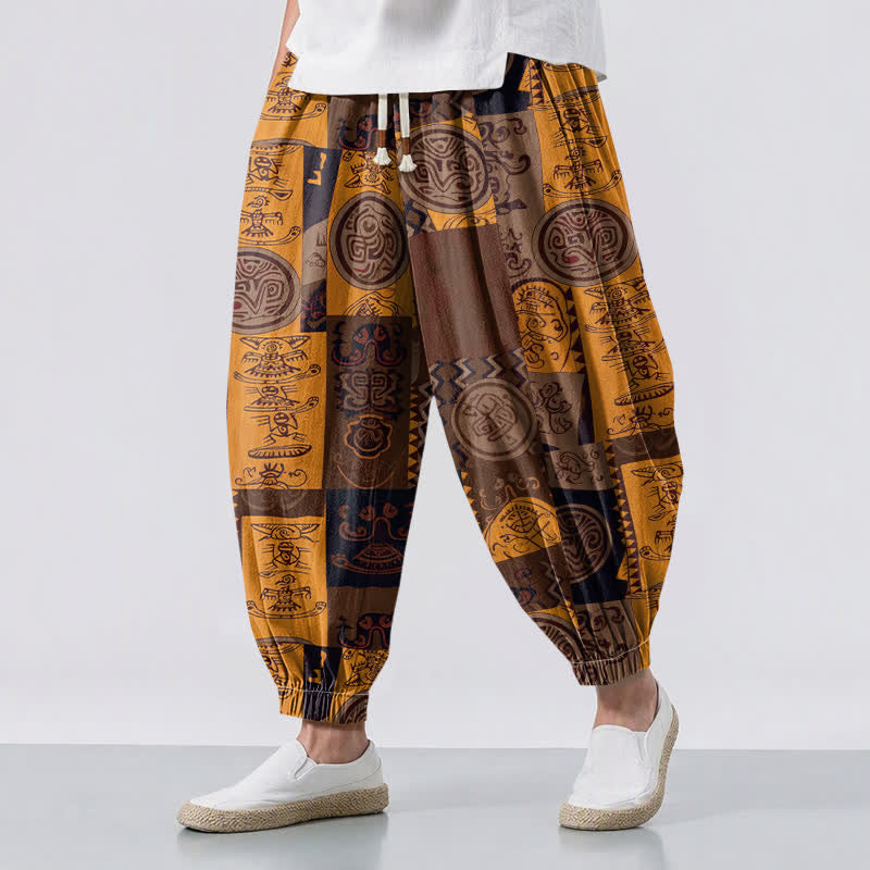 Buddha Stones Pantaloni harem da uomo in puro cotone con coulisse e tasche, decorati con motivo patchwork a medaglioni tribali. - Marrone sella - US/UK/AU50, EU60 (5XL) - image 12