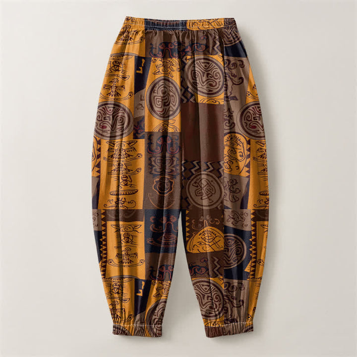 Buddha Stones Pantaloni harem da uomo in puro cotone con coulisse e tasche, decorati con motivo patchwork a medaglioni tribali. - image 14