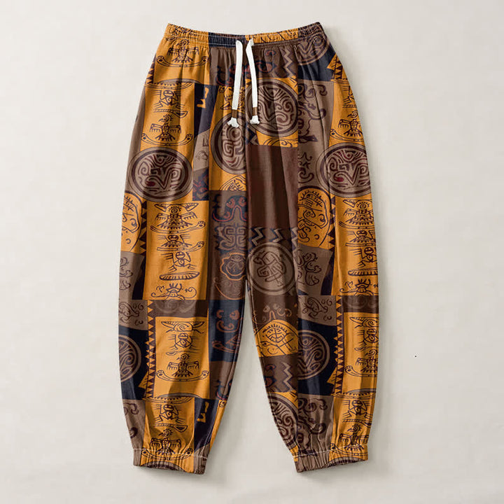 Buddha Stones Pantaloni harem da uomo in puro cotone con coulisse e tasche, decorati con motivo patchwork a medaglioni tribali. - image 13