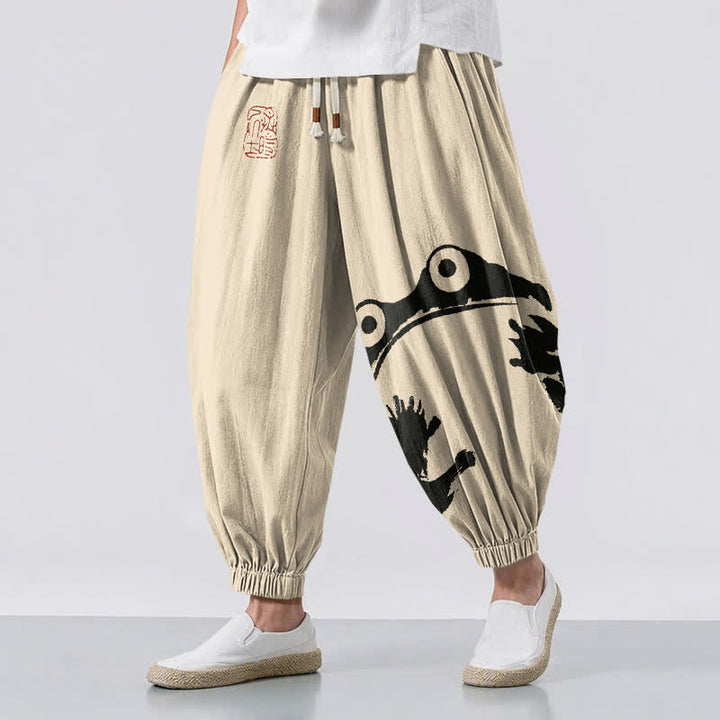 Buddha Stones Pantaloni harem da uomo in puro cotone con coulisse e tasche, con stampa di rane giocose. - Beige - US/UK/AU50, EU60 (5XL) - image 0