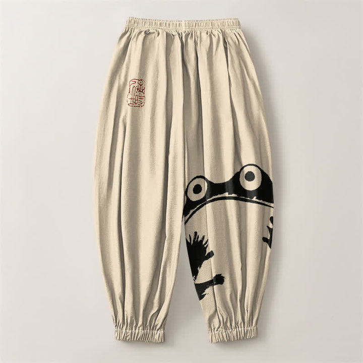 Buddha Stones Pantaloni harem da uomo in puro cotone con coulisse e tasche, con stampa di rane giocose. - image 2