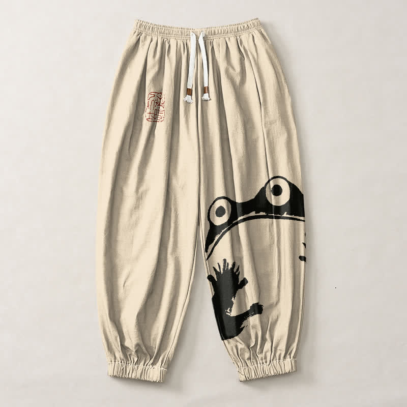 Buddha Stones Pantaloni harem da uomo in puro cotone con coulisse e tasche, con stampa di rane giocose. - image 1
