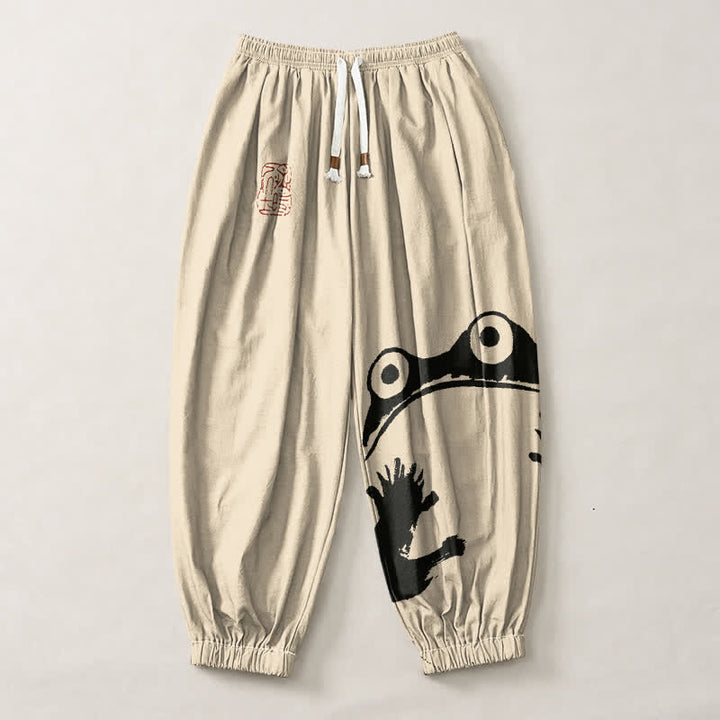 Buddha Stones Pantaloni harem da uomo in puro cotone con coulisse e tasche, con stampa di rane giocose. - image 1