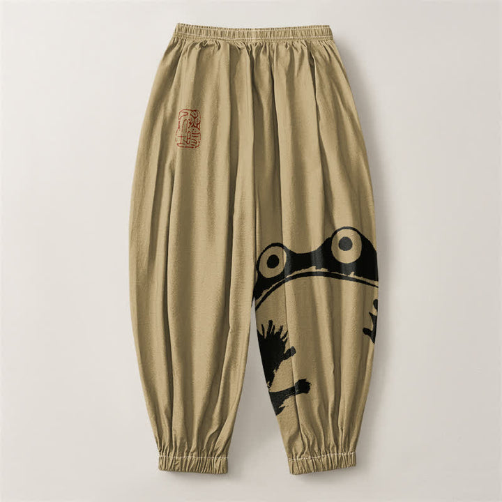 Buddha Stones Pantaloni harem da uomo in puro cotone con coulisse e tasche, con stampa di rane giocose. - image 8