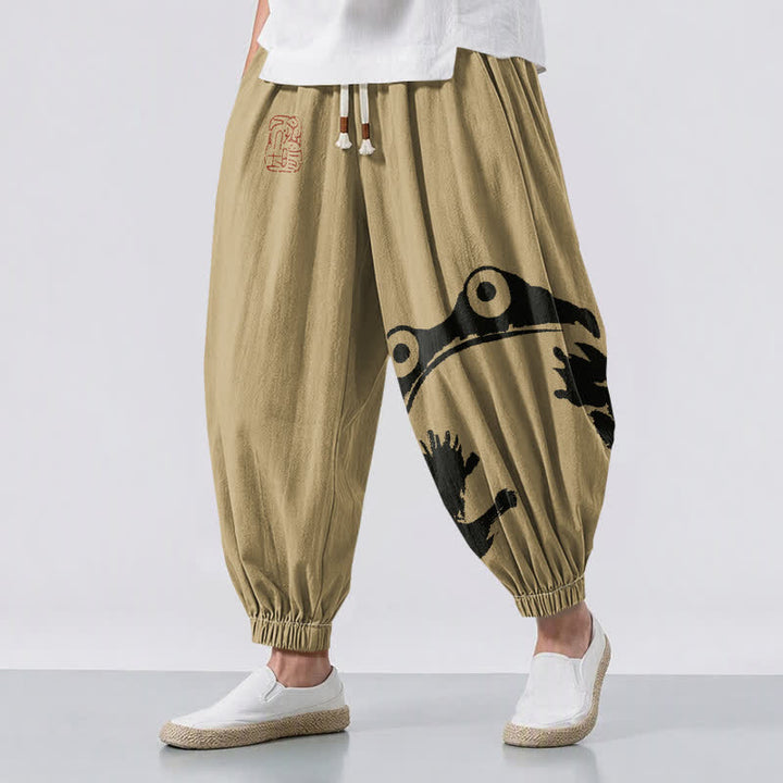 Buddha Stones Pantaloni harem da uomo in puro cotone con coulisse e tasche, con stampa di rane giocose. - Tan - US/UK/AU50, EU60 (5XL) - image 6