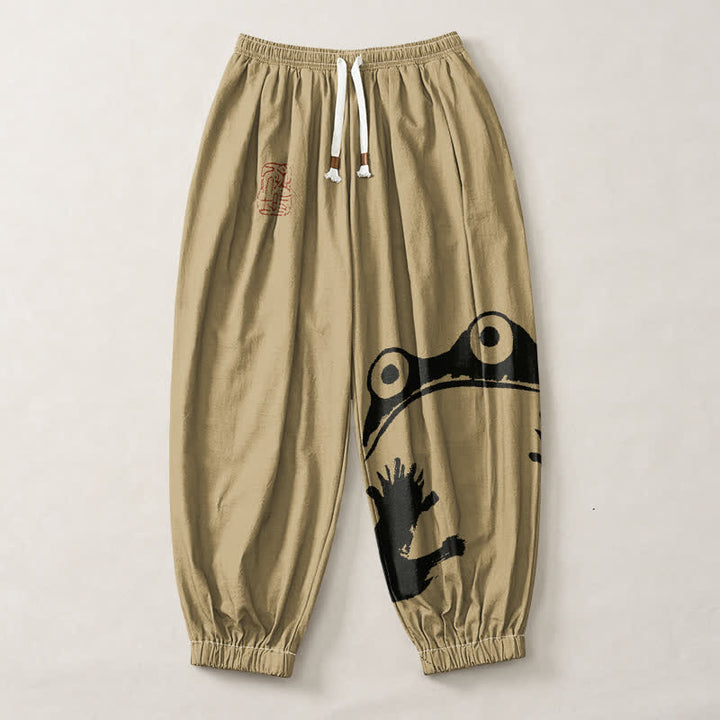 Buddha Stones Pantaloni harem da uomo in puro cotone con coulisse e tasche, con stampa di rane giocose. - image 7