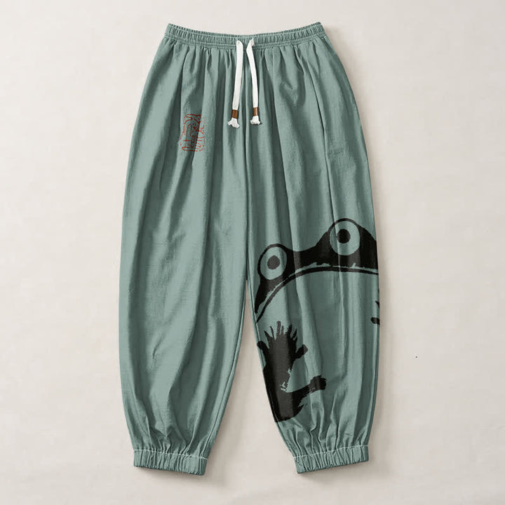 Buddha Stones Pantaloni harem da uomo in puro cotone con coulisse e tasche, con stampa di rane giocose. - image 13