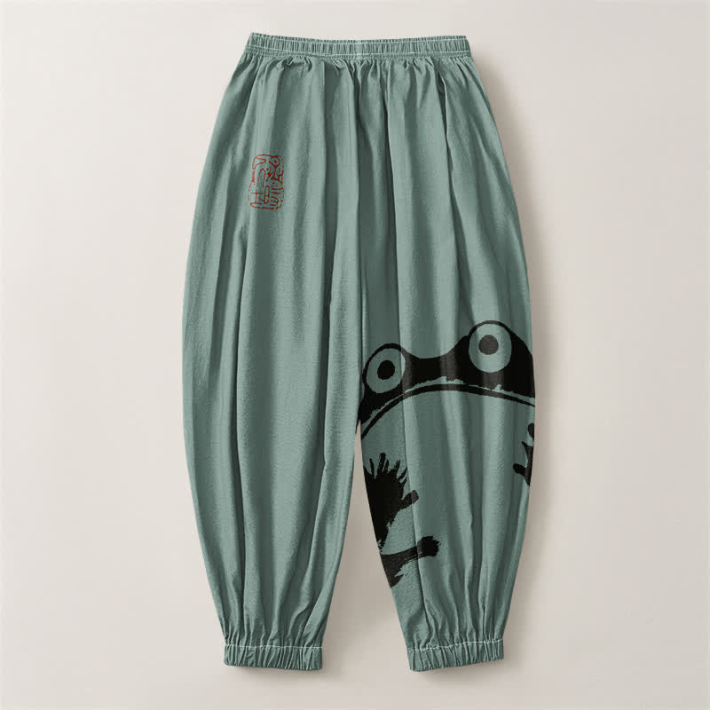 Buddha Stones Pantaloni harem da uomo in puro cotone con coulisse e tasche, con stampa di rane giocose. - image 14