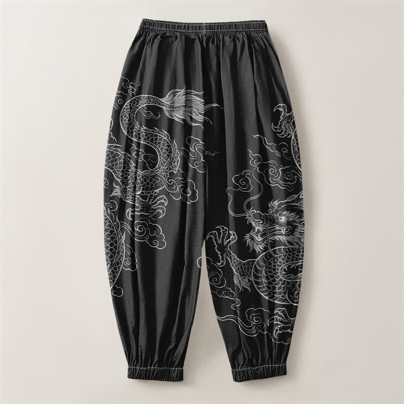 Buddha Stones Pantaloni harem da uomo in puro cotone con coulisse e tasche, fantasia drago e nuvole. - image 2