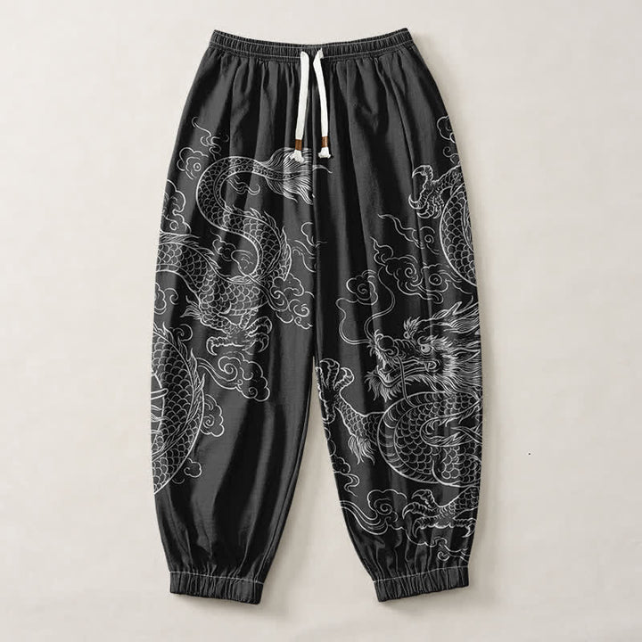 Buddha Stones Pantaloni harem da uomo in puro cotone con coulisse e tasche, fantasia drago e nuvole. - image 1