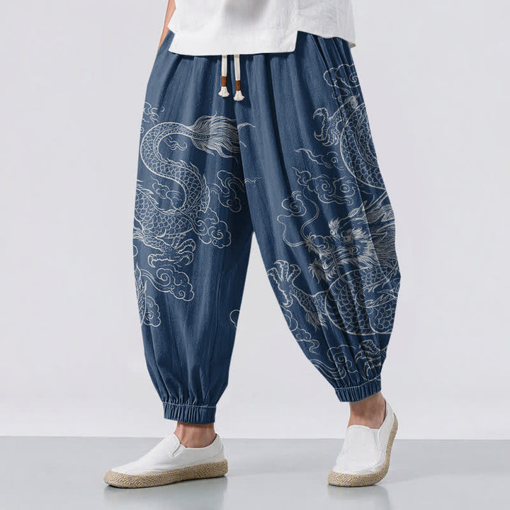 Buddha Stones Pantaloni harem da uomo in puro cotone con coulisse e tasche, fantasia drago e nuvole. - SteelBlue - US/UK/AU50, EU60 (5XL) - image 6