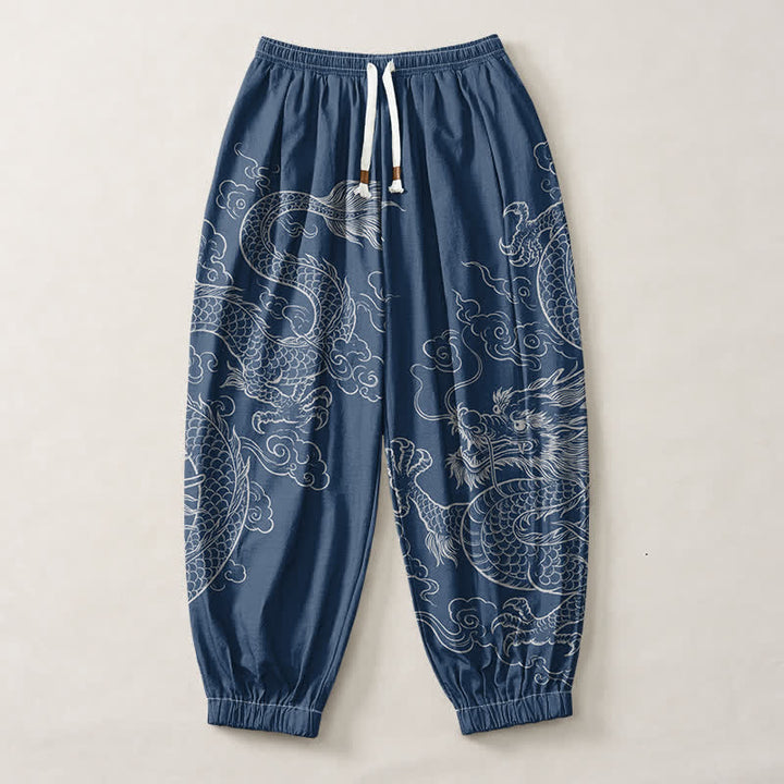 Buddha Stones Pantaloni harem da uomo in puro cotone con coulisse e tasche, fantasia drago e nuvole. - image 7