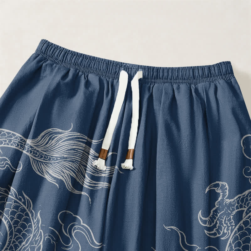 Buddha Stones Pantaloni harem da uomo in puro cotone con coulisse e tasche, fantasia drago e nuvole. - image 9