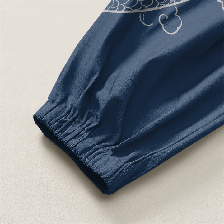 Buddha Stones Pantaloni harem da uomo in puro cotone con coulisse e tasche, fantasia drago e nuvole. - image 10