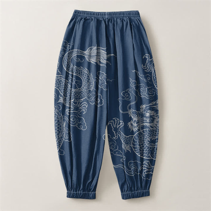 Buddha Stones Pantaloni harem da uomo in puro cotone con coulisse e tasche, fantasia drago e nuvole. - image 8