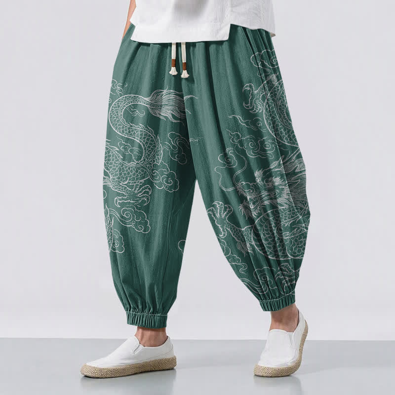 Buddha Stones Pantaloni harem da uomo in puro cotone con coulisse e tasche, fantasia drago e nuvole. - Verde mare - US/UK/AU50, EU60 (5XL) - image 12