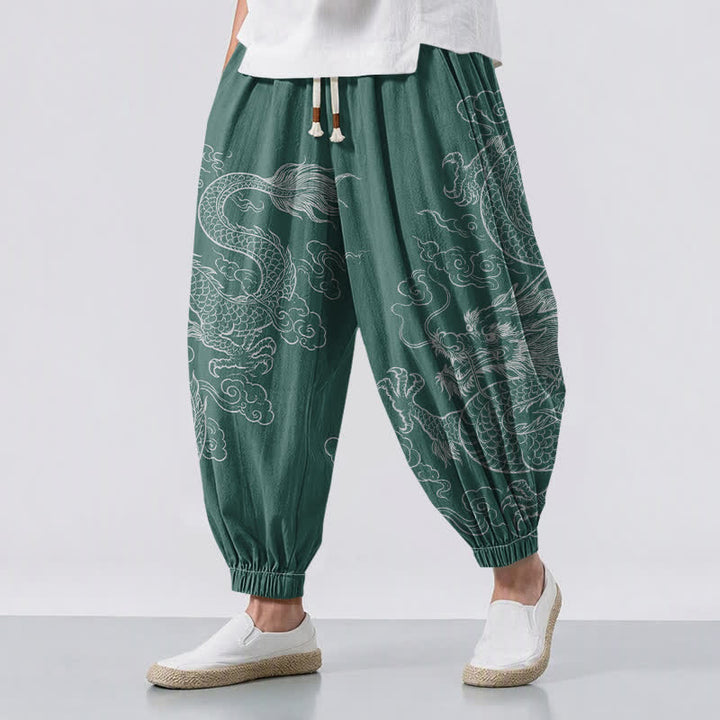 Buddha Stones Pantaloni harem da uomo in puro cotone con coulisse e tasche, fantasia drago e nuvole. - Verde mare - US/UK/AU50, EU60 (5XL) - image 12