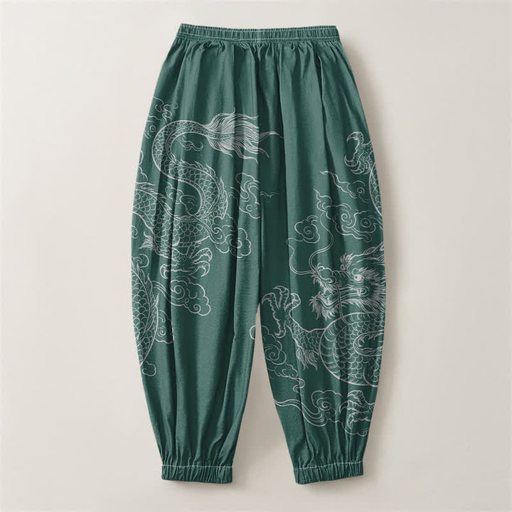 Buddha Stones Pantaloni harem da uomo in puro cotone con coulisse e tasche, fantasia drago e nuvole. - image 14