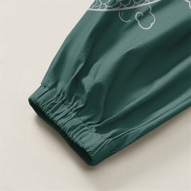 Buddha Stones Pantaloni harem da uomo in puro cotone con coulisse e tasche, fantasia drago e nuvole. - image 16