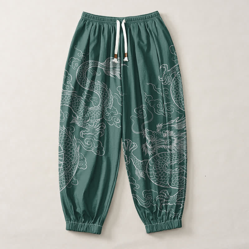 Buddha Stones Pantaloni harem da uomo in puro cotone con coulisse e tasche, fantasia drago e nuvole. - image 13