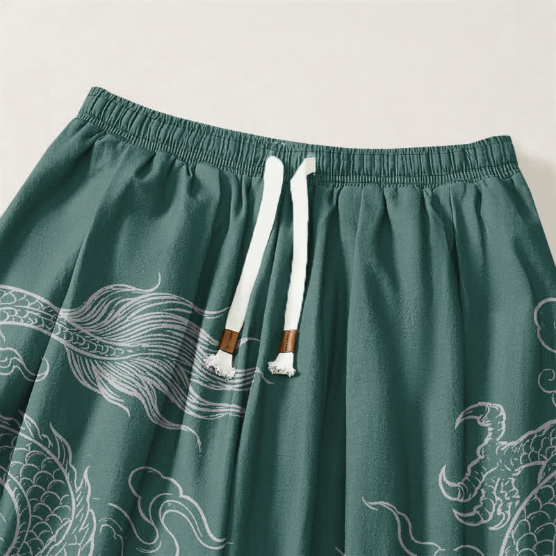Buddha Stones Pantaloni harem da uomo in puro cotone con coulisse e tasche, fantasia drago e nuvole. - image 15
