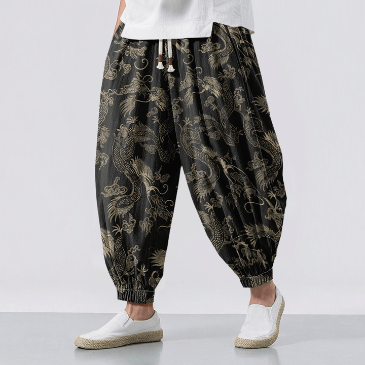 Buddha Stones Pantaloni harem da uomo in puro cotone con coulisse e tasche, fantasia Drago Mitico e Nuvole Auspiciose. - Nero - US/UK/AU50, EU60 (5XL) - image 0
