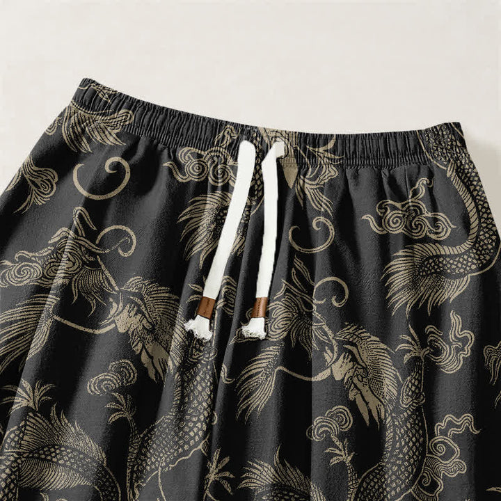 Buddha Stones Pantaloni harem da uomo in puro cotone con coulisse e tasche, fantasia Drago Mitico e Nuvole Auspiciose. - image 3