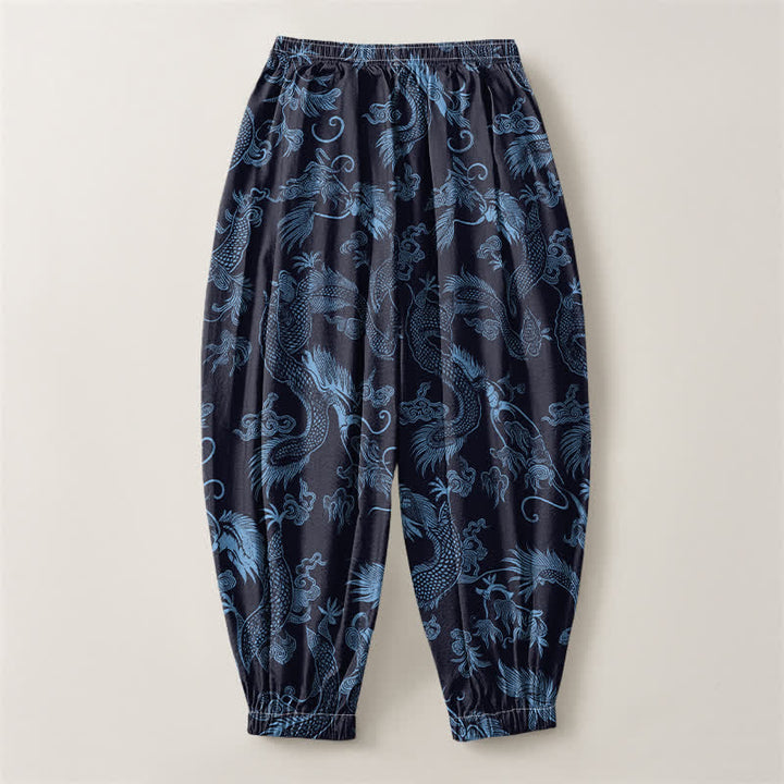 Buddha Stones Pantaloni harem da uomo in puro cotone con coulisse e tasche, fantasia Drago Mitico e Nuvole Auspiciose. - image 8