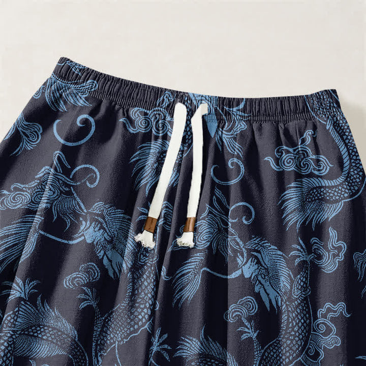 Buddha Stones Pantaloni harem da uomo in puro cotone con coulisse e tasche, fantasia Drago Mitico e Nuvole Auspiciose. - image 9