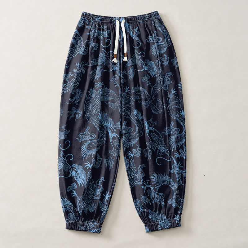 Buddha Stones Pantaloni harem da uomo in puro cotone con coulisse e tasche, fantasia Drago Mitico e Nuvole Auspiciose. - image 7