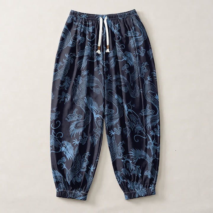 Buddha Stones Pantaloni harem da uomo in puro cotone con coulisse e tasche, fantasia Drago Mitico e Nuvole Auspiciose. - image 7