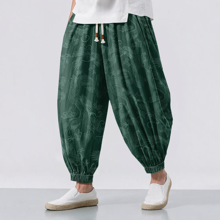Buddha Stones Pantaloni harem da uomo in puro cotone con coulisse e tasche, fantasia Drago Mitico e Nuvole Auspiciose. - Verde studentesco - US/UK/AU50, EU60 (5XL) - image 12